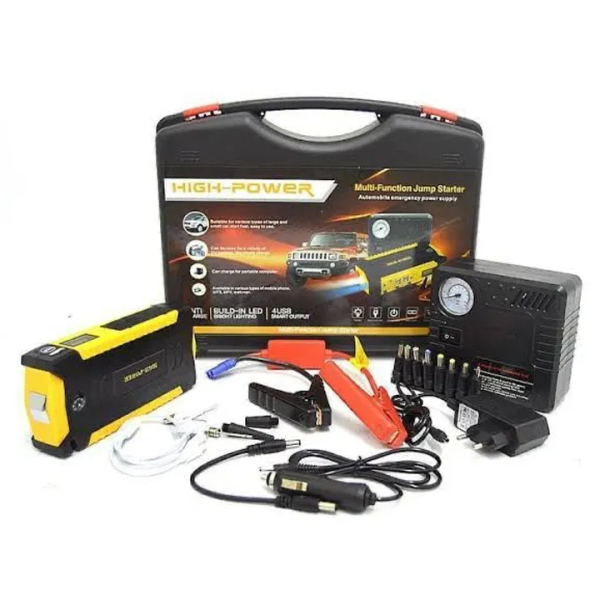 Jump Starter auto multifunctional,Power Bank acumulator extern, 4 usb, lanterna,15000mA, curent de pornire, 600 A si compresor auto