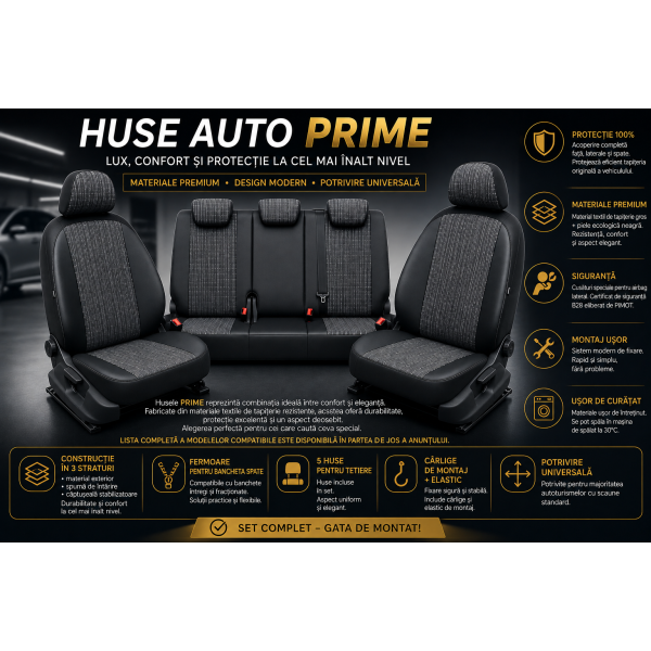 Huse Scaune KIA STINGER 2017-2023  textil si piele premium cu bancheta fractionata si airbag compatibil cu incalzire si ventilatie scaune