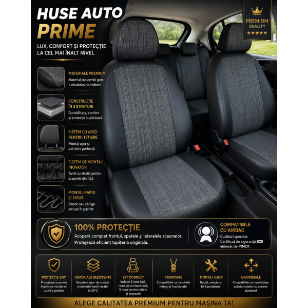 Huse Scaune KIA STINGER 2017-2023  textil si piele premium cu bancheta fractionata si airbag compatibil cu incalzire si ventilatie scaune