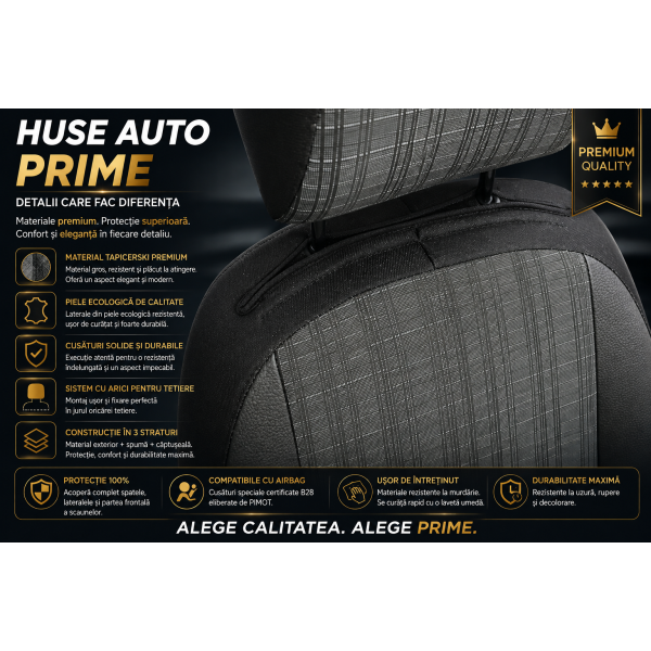 Huse Scaune KIA STINGER 2017-2023  textil si piele premium cu bancheta fractionata si airbag compatibil cu incalzire si ventilatie scaune