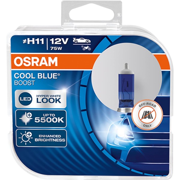 Set 2 becuri cu halogen pentru far, Osram, Cool Blue Boost, H11, + 50%, 62211CBB-HCB, 75W, 12V, PGJ19-2, Duobox