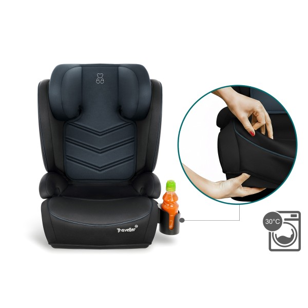 Scaun Auto Copii Piele Romb culoare Negru ISOFIX i-Size R129 100–150 cm  Premium, Reglabil, Înălțător Inclus si suport sticle