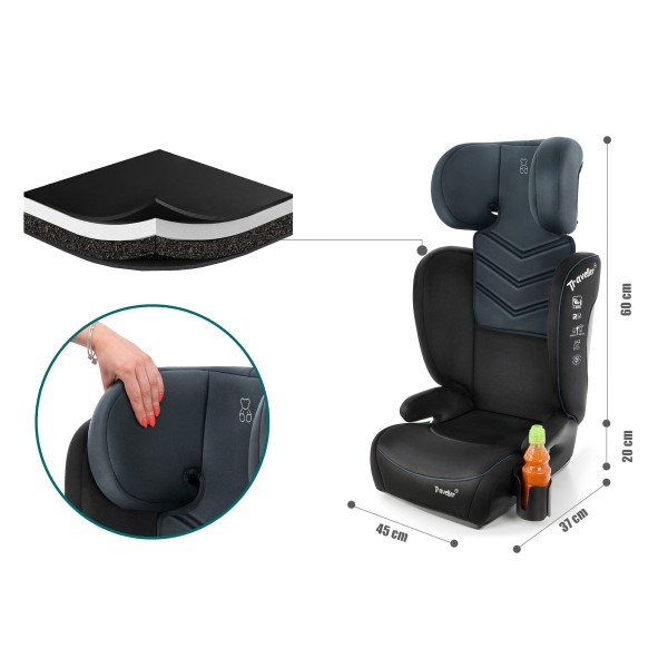 Scaun Auto Copii Piele Romb culoare Negru ISOFIX i-Size R129 100–150 cm  Premium, Reglabil, Înălțător Inclus si suport sticle
