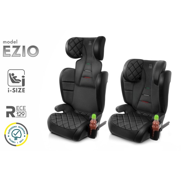 Scaun Auto Copii Piele Romb culoare Negru ISOFIX i-Size R129 100–150 cm  Premium, Reglabil, Înălțător Inclus si suport sticle