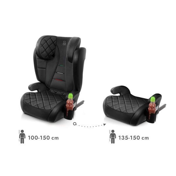 Scaun Auto Copii Piele Romb culoare Negru ISOFIX i-Size R129 100–150 cm  Premium, Reglabil, Înălțător Inclus si suport sticle
