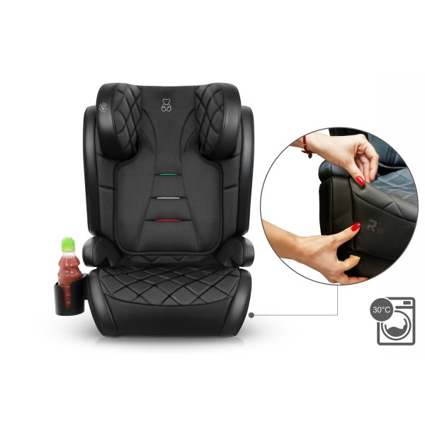 Scaun Auto Copii Piele Romb culoare Negru ISOFIX i-Size R129 100–150 cm  Premium, Reglabil, Înălțător Inclus si suport sticle