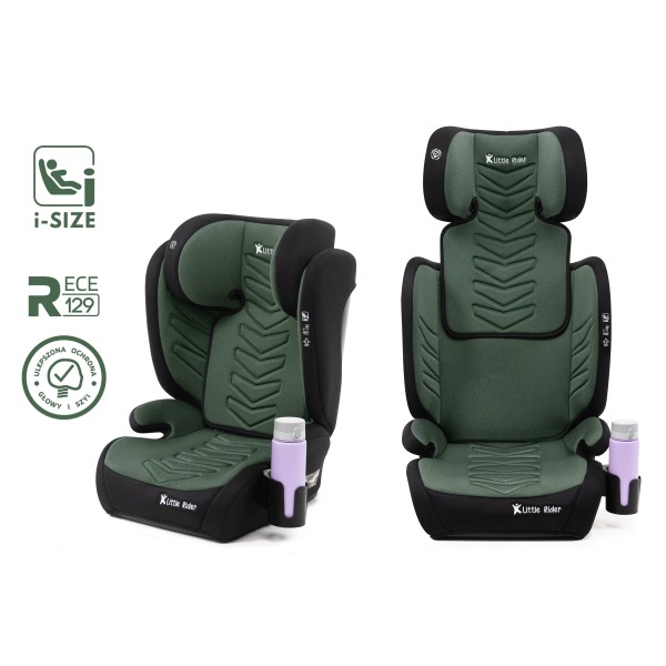 Scaun Auto Copii Verde Negru Little Rider Certificare R129 i-Size 100–150 cm 2 în 1, Siguranță Maximă suport de sticle