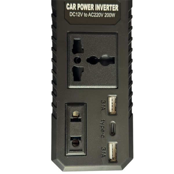 Invertor Auto 200W 12V la 220V – 2 Prize + USB + USB-C, Protecții Complete