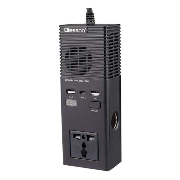 Invertor auto 200W 12/24V la 220V – 2 Prize, USB, Type-C și Brichetă echipat cu două prize universale