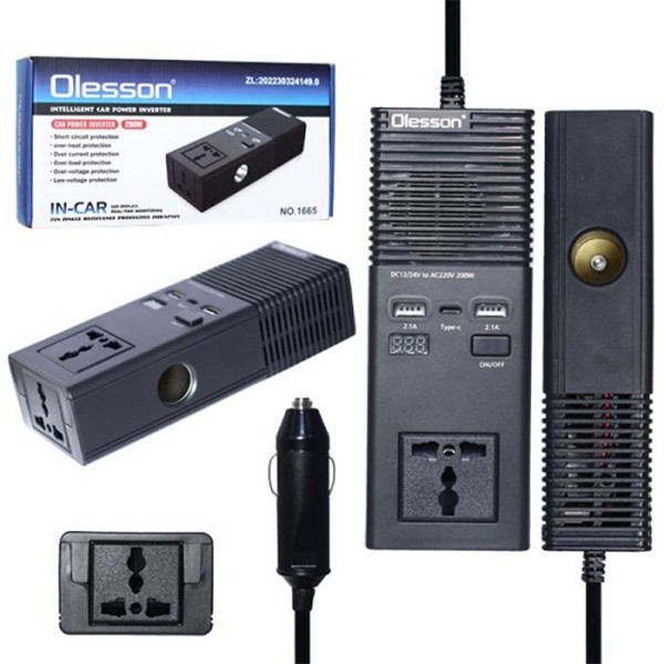 Invertor auto 200W 12/24V la 220V – 2 Prize, USB, Type-C și Brichetă echipat cu două prize universale