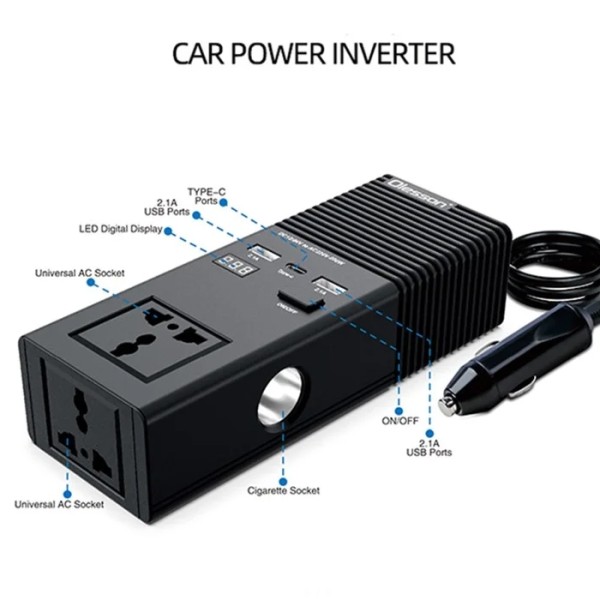 Invertor auto 200W 12/24V la 220V – 2 Prize, USB, Type-C și Brichetă echipat cu două prize universale