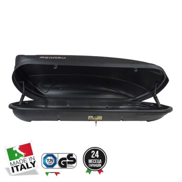 Cutie portbagaj auto MENABO Marathon Dark 07937, prindere pe bare transversale, plastic ABS, volum 460 litri, 198x79x37 cm, negru
