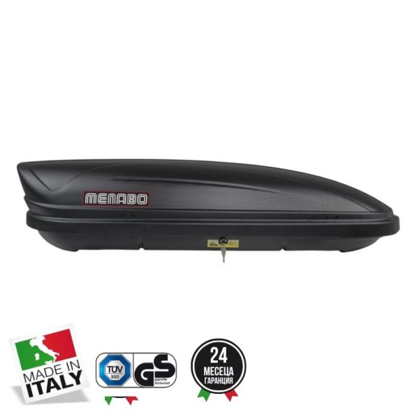 Cutie portbagaj auto MENABO Marathon Dark 07937, prindere pe bare transversale, plastic ABS, volum 460 litri, 198x79x37 cm, negru