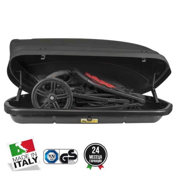 Cutie portbagaj auto MENABO 07936 Marathon Dark, prindere pe bare transversale, plastic ABS, volum 320 litri, 137x79x36 cm, negru mat