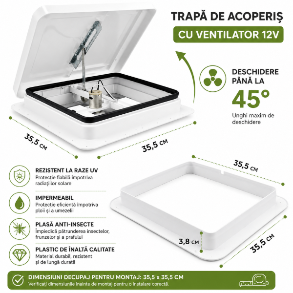 Trapa Rulota CITROEN JUMPY    355x355 mm cu Ventilator 12V Ventilație Eficientă pentru Rulote și Autorulote cu plasa anti insecte
