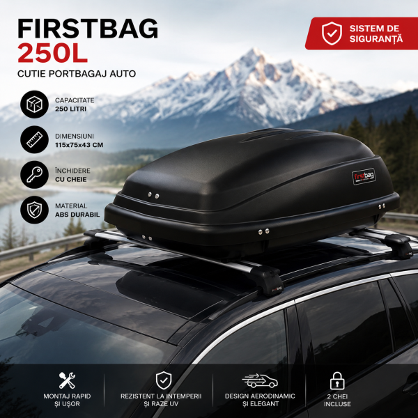 Cutie Portbagaj auto Plafon Carbon Line FirstBag250L – Deschidere Laterală, Certificare TÜV