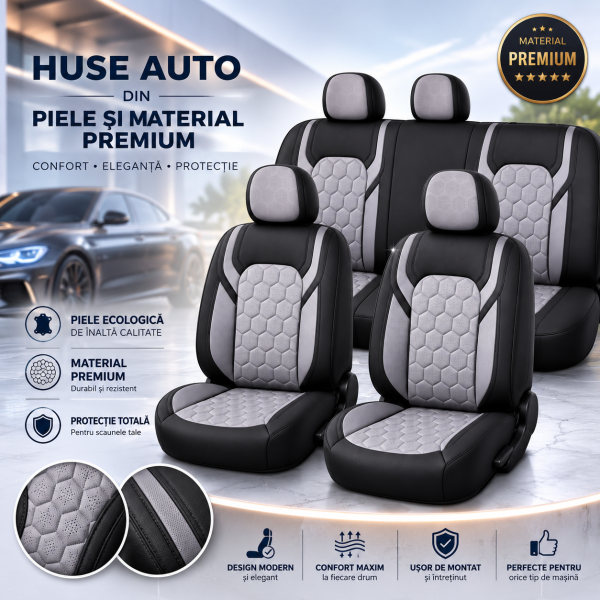 Huse Scaune GALAXY E5   din piele Negru+ Gri Premium cu insertii de piele  compatibil cu scaune incalzite si ventilate