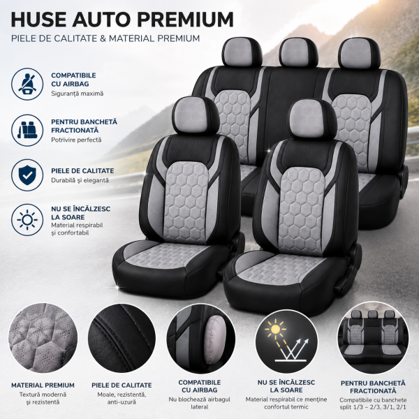Huse Scaune GALAXY E5   din piele Negru+ Gri Premium cu insertii de piele  compatibil cu scaune incalzite si ventilate