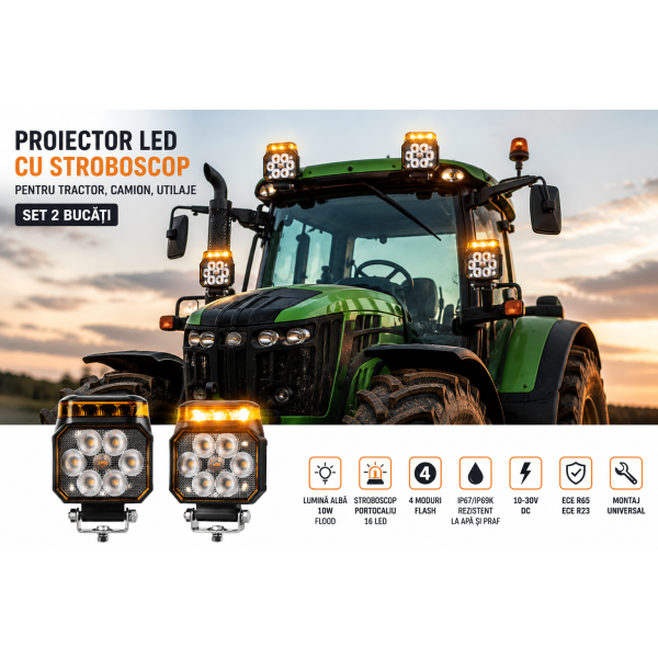 SET 2 Proiectore LED cu Stroboscop Portocaliu pentru Camion, Tractor și Utilaje forestiere 10-30V, 4 Moduri Flash, IP69K