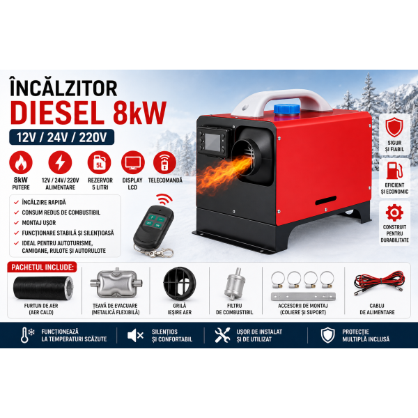 Sirocou 8kw diesel 220v Puternic incalzitor stationar silentios rulota camper garaj casa 220V  diesel  cu display LCD, telecomanda si bujie(patrat)