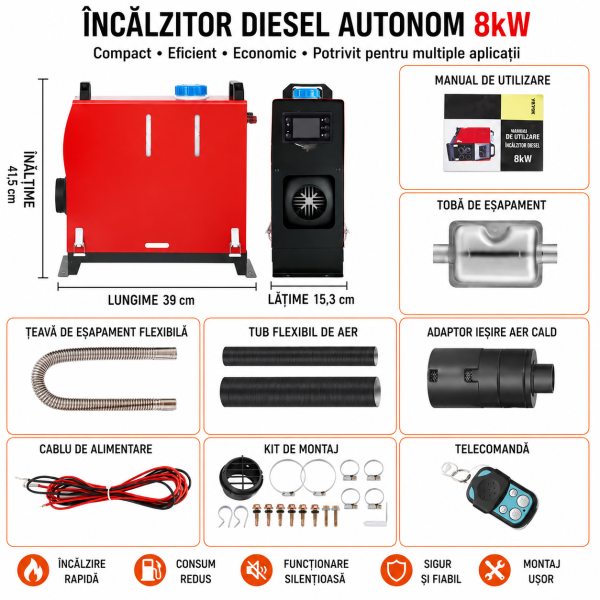 Sirocou 8 kw rezervor 5L 12-24V 8KW rulota camper garaj casa  diesel  cu display LCD, telecomanda si bujie(dreptunghi)