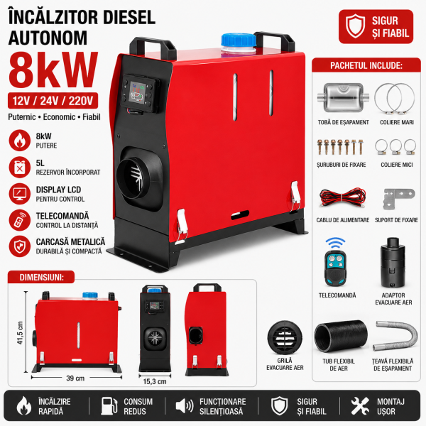 Sirocou 8 kw rezervor 5L 12-24V 8KW rulota camper garaj casa  diesel  cu display LCD, telecomanda si bujie(dreptunghi)