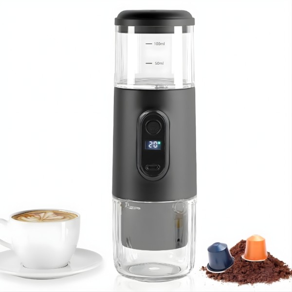 Aparat Cafea 15 bar Espressor Portabil 2 în 1 cu Capsule Nespresso și Cafea Măcinata, Baterie 2500 mAh, USB-C premium