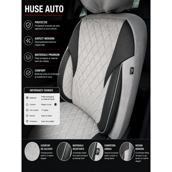 Huse Scaune Negru Gri BMW SERIA 5 F11 2010-2013 din Textil Romb cu inserie de piele si bancheta fractioanta cu Airbag si SRS compatibil cu scaune incalzite si ventilate