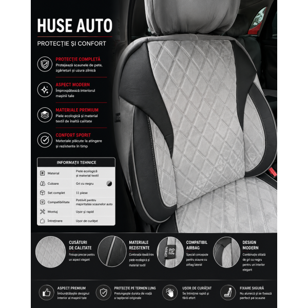 Huse Scaune Negru Gri BMW SERIA 5 F11 2010-2013 din Textil Romb cu inserie de piele si bancheta fractioanta cu Airbag si SRS compatibil cu scaune incalzite si ventilate