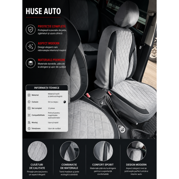 Huse Scaune Negru Gri BMW SERIA 5 F11 2010-2013 din Textil Romb cu inserie de piele si bancheta fractioanta cu Airbag si SRS compatibil cu scaune incalzite si ventilate