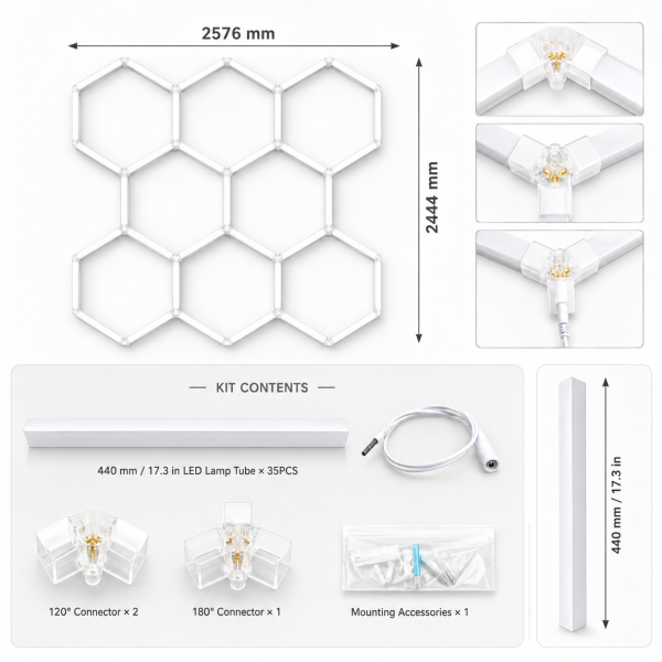 9 hexagoane Aplica Led fagure Iluminat LED Hexagonal pentru Garaj, Atelier sau Salon spatii comerciale 257 x 244 cm, 280W, 6500K premium