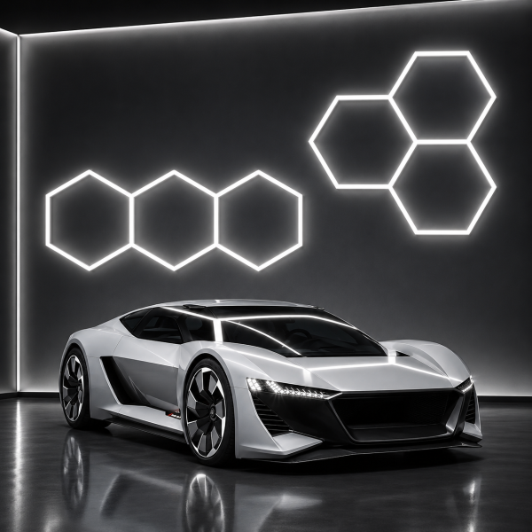 Aplica fagure Hexagon 3 x fagure Lampa LED Hexagonală 247 x 98 cm, 125W, 6500K – Iluminat pentru Garaj, Atelier, Detailing și Spații Comerciale