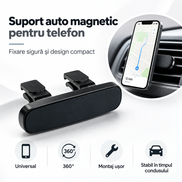Suport auto magnetic pentru telefon, cu montare pe grila de ventilație, rotire 360° și suprafață antialunecare din silicon. Compatibil universal, compact și ușor de montat.