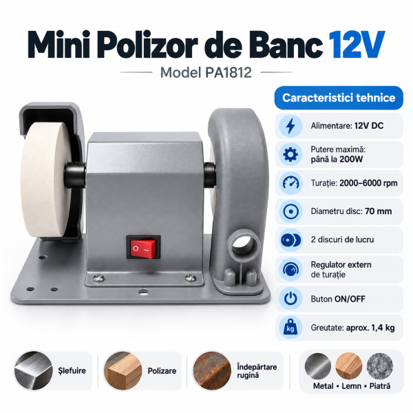 Mini Polizor de Banc 12V 200W PA1812, 2000–6000 RPM, 2 Discuri 70 mm, Turație Reglabilă