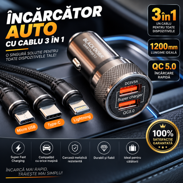 Incarcator telefon auto cu cablu 3 in 1 usb c ,micro , type c, QC 5.0, încărcare rapidă, 1.2 m.  2 porturi usb