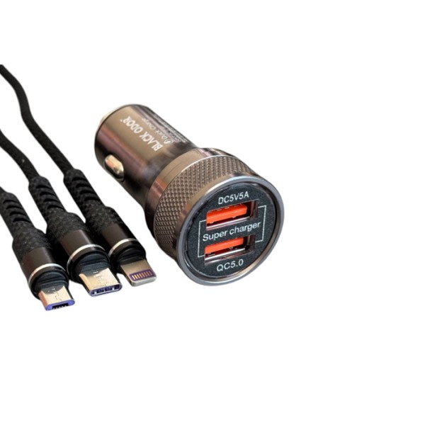 Incarcator telefon auto cu cablu 3 in 1 usb c ,micro , type c, QC 5.0, încărcare rapidă, 1.2 m.  2 porturi usb