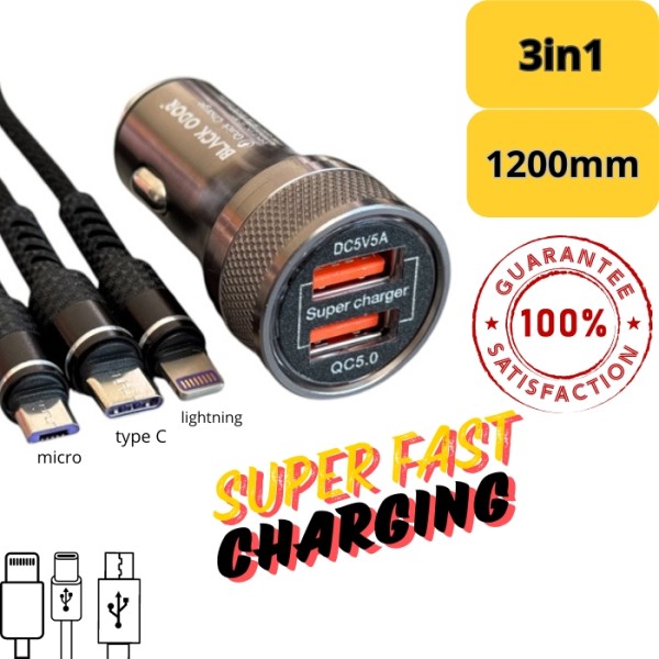 Incarcator telefon auto cu cablu 3 in 1 usb c ,micro , type c, QC 5.0, încărcare rapidă, 1.2 m.  2 porturi usb