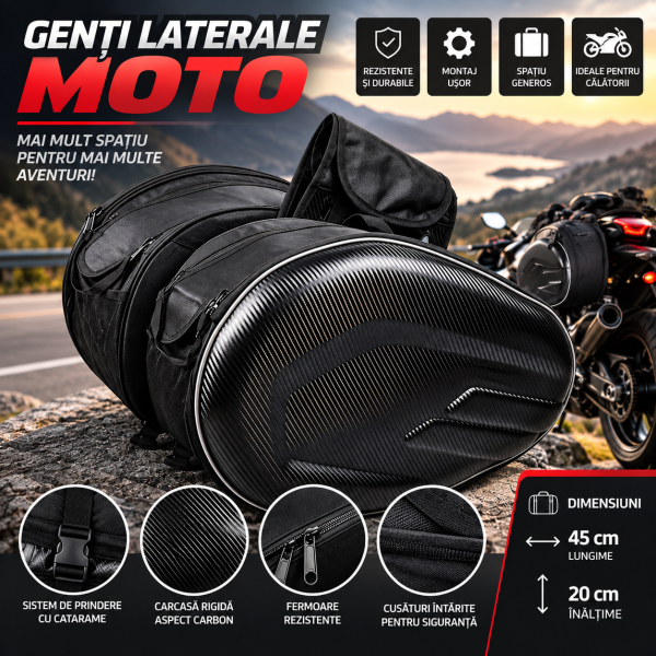 Genti laterale CF MOTO 300SR  moto , set 2 bucăți, rigide, aspect carbon, 45 cm cu husa pentru potritecti antiploaie
