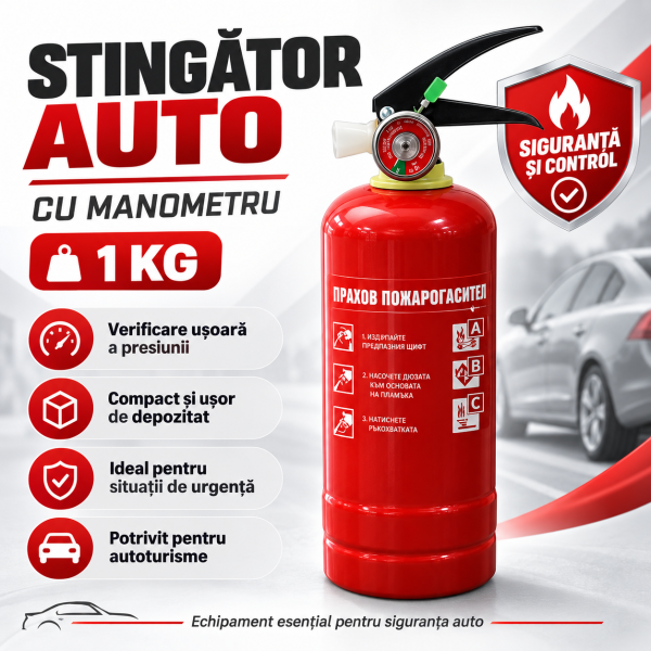 Stingator auto cu manometru 1 kg, compact, pentru autoturisme și situații de urgență