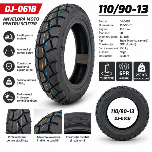 Anvelopa Moto Scuter DJ-061B 110/90-13, 6PR, R13 Tube Type, pentru Scuter,