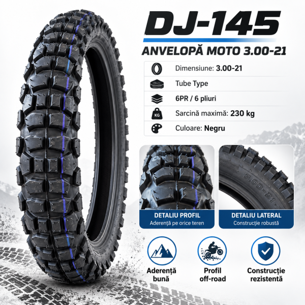 Anvelopa Moto DJ-145 3.00-21, 6PR, Tube Type, Jantă 21 Inch,