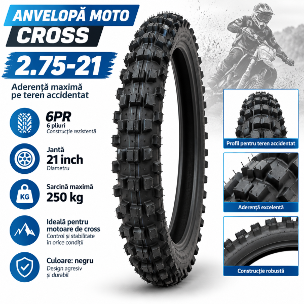 Anvelopa Moto Cross 2.75-21, 6PR, Jantă 21 Inch, Sarcină 250 kg