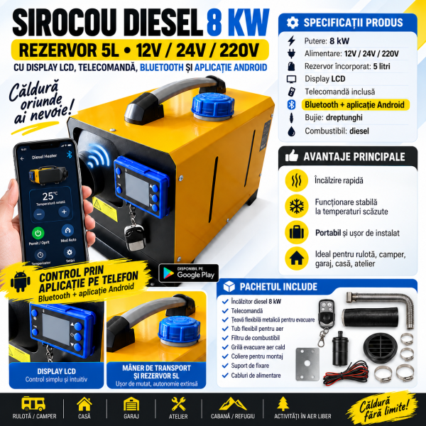 Sirocou Incalzitor portabil 8 kw rezervor 5L 12-24V 8KW rulota camper garaj casa, diesel Telecomanda,programare din telefon Bluetooth și Aplicație Android IOS