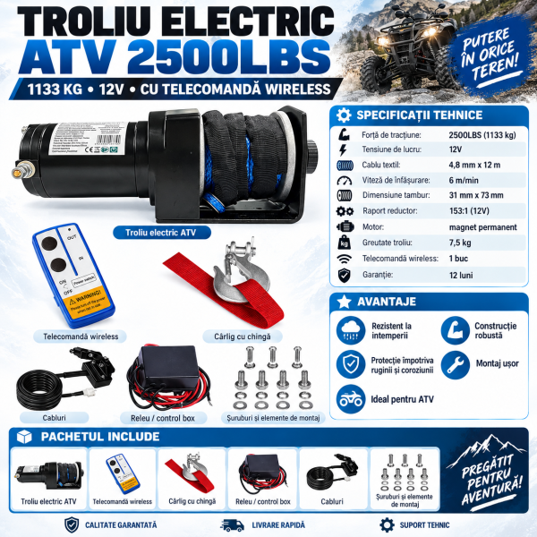 Troliu Electric ATV 2500LBS 1133 kg, 12V, Cablu Textil 12 m, Telecomandă Wireless, Placa Montaj