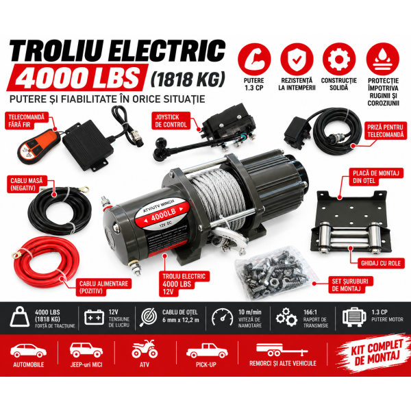 Troliu Electric 12V 4000 LBS / 1818 kg cu Cablu Oțel, Telecomandă Wireless și Placă de Montaj