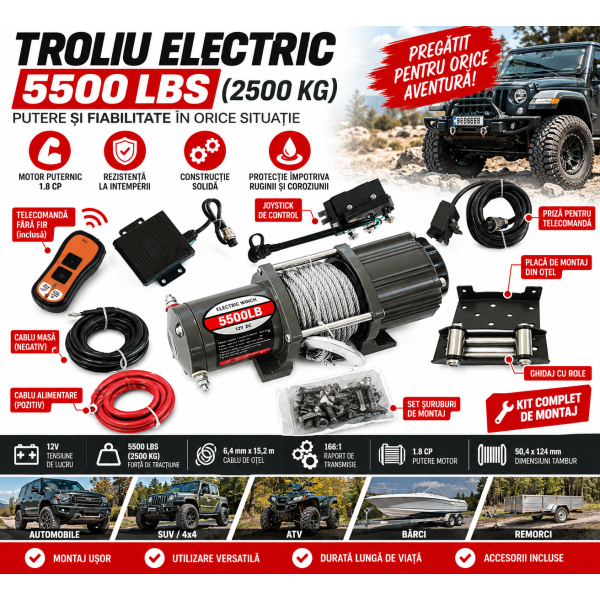 Troliu Electric  2500 kg12V 5500 LBS / cu Cablu Oțel 15,2 m și Telecomandă Wireless