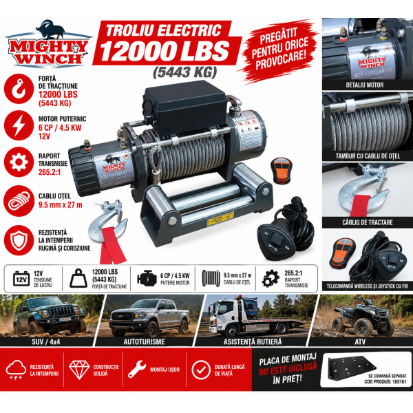 Troliu Electric Mighty Winch 12V 12000 LBS / 5443 kg, 6 CP, Cablu Oțel 27 m, Telecomandă Wireless