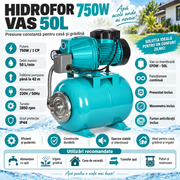 Hidrofor 750W cu Vas 50L, Debit 50 L/min, Înălțime Pompare 42 m, Presostat și Manometru