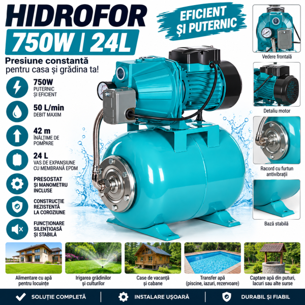 Hidrofor 750W cu Vas 24L, silentios Debit 50 L/min, Înălțime Pompare 42 m, Presostat și Manometru