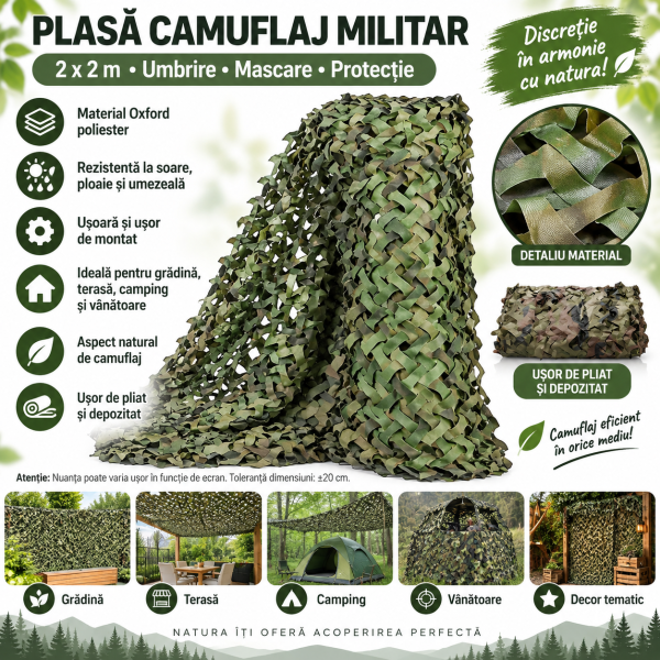 Plasa Camuflaj Militar oxford premium 2x2 m, Oxford Poliester, pentru Grădină, Terasă, Camping și Vânătoare